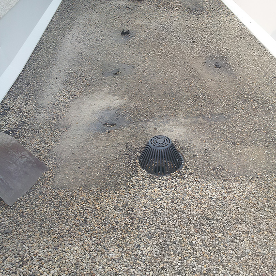 Damaged roof area near commercial roof drain